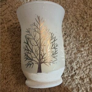 Pier 1 frosted glass hurricane candle holder with candle.